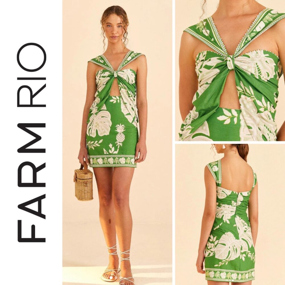 FARM Rio Green and White Tropical Dress - Size Large